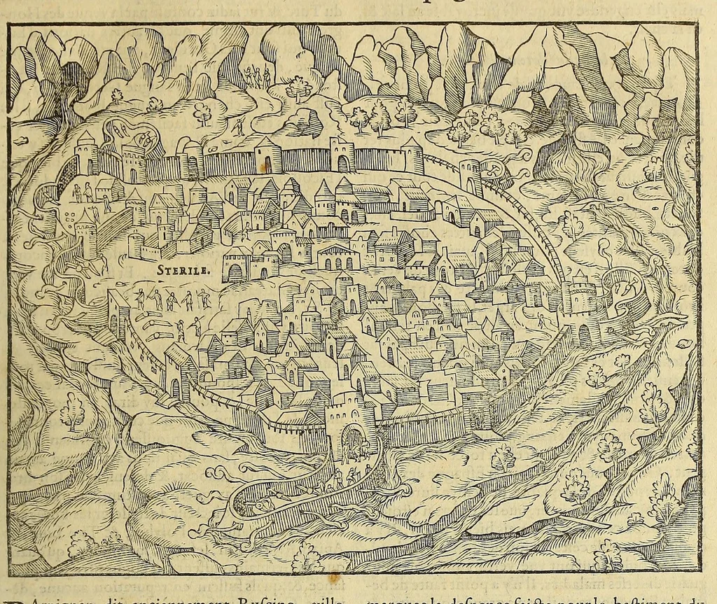 An illustration from La cosmographie vniuerselle de tout le monde. : En laquelle, suiuant les auteurs plus dignes de foy, sont au vray descriptes toutes les parties habitables, & non habitables de la terre, & de la mer, leurs assiettes & choses qu'elles produisent ... auec plusieurs autres choses, le sommaire desquelles se void en la page suiuante., 1575, leaf 117