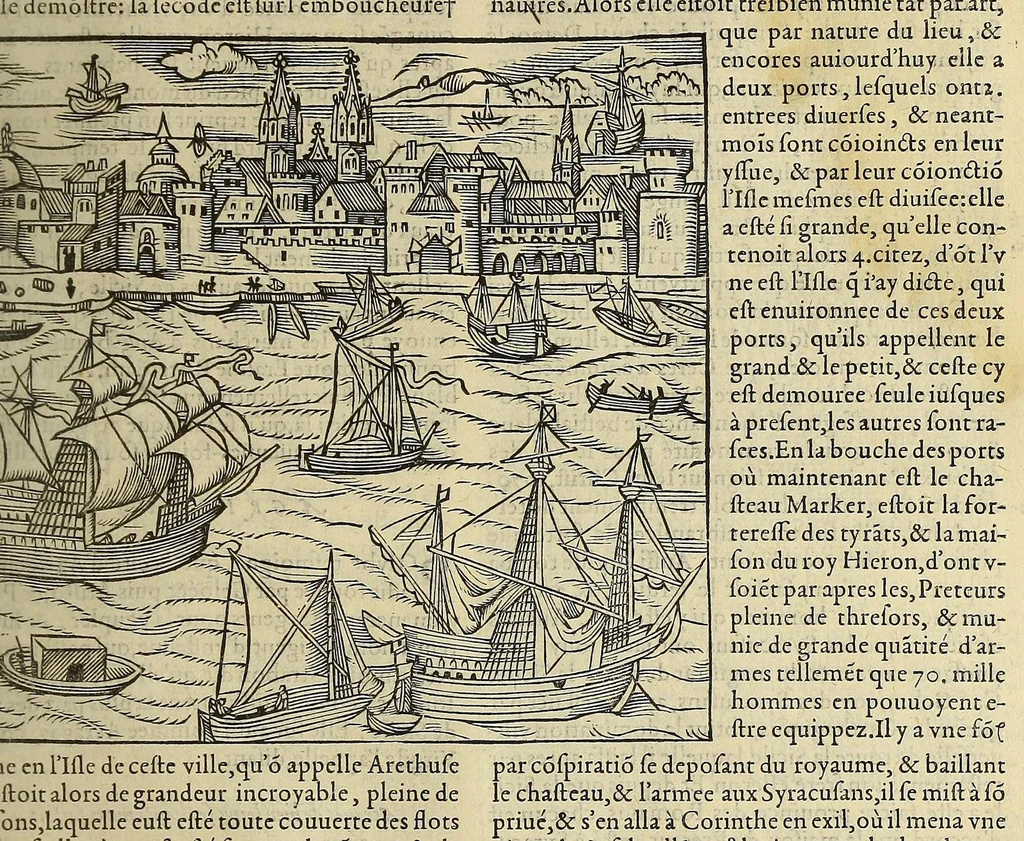 An illustration from La cosmographie vniuerselle de tout le monde. : En laquelle, suiuant les auteurs plus dignes de foy, sont au vray descriptes toutes les parties habitables, & non habitables de la terre, & de la mer, leurs assiettes & choses qu'elles produisent ... auec plusieurs autres choses, le sommaire desquelles se void en la page suiuante., 1575, leaf 241