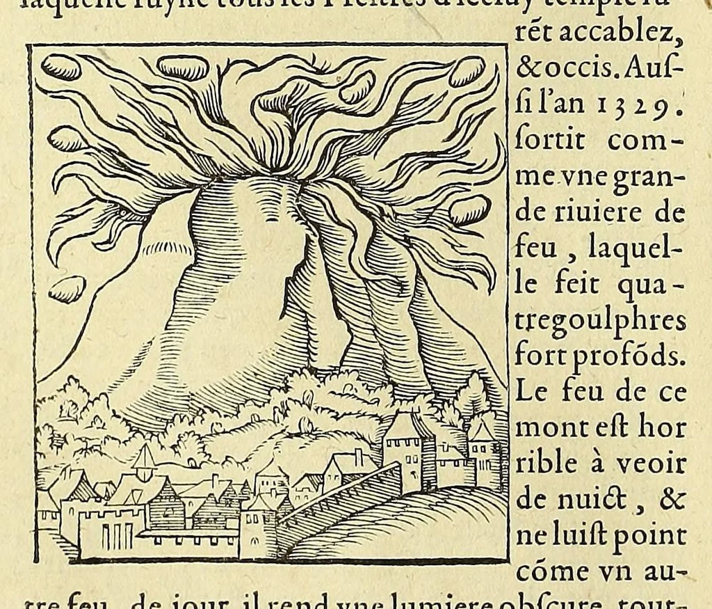 An illustration from La cosmographie vniuerselle de tout le monde. : En laquelle, suiuant les auteurs plus dignes de foy, sont au vray descriptes toutes les parties habitables, & non habitables de la terre, & de la mer, leurs assiettes & choses qu'elles produisent ... auec plusieurs autres choses, le sommaire desquelles se void en la page suiuante., 1575, leaf 244