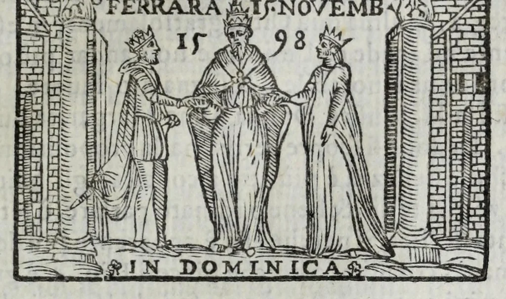 An illustration from La cvriosa et diletteuole aggionta del sig. Ant. Maria Spelta, cittadino pavese, all' Historia sua : nella qvale oltra la vaghezza di molte cose, che dall'anno 1596 fino al 1603 s'intendono, sono anco componimenti arguti, da quali non poco gusto gli eleuati spiriti potranno prendere, 1602, leaf 91