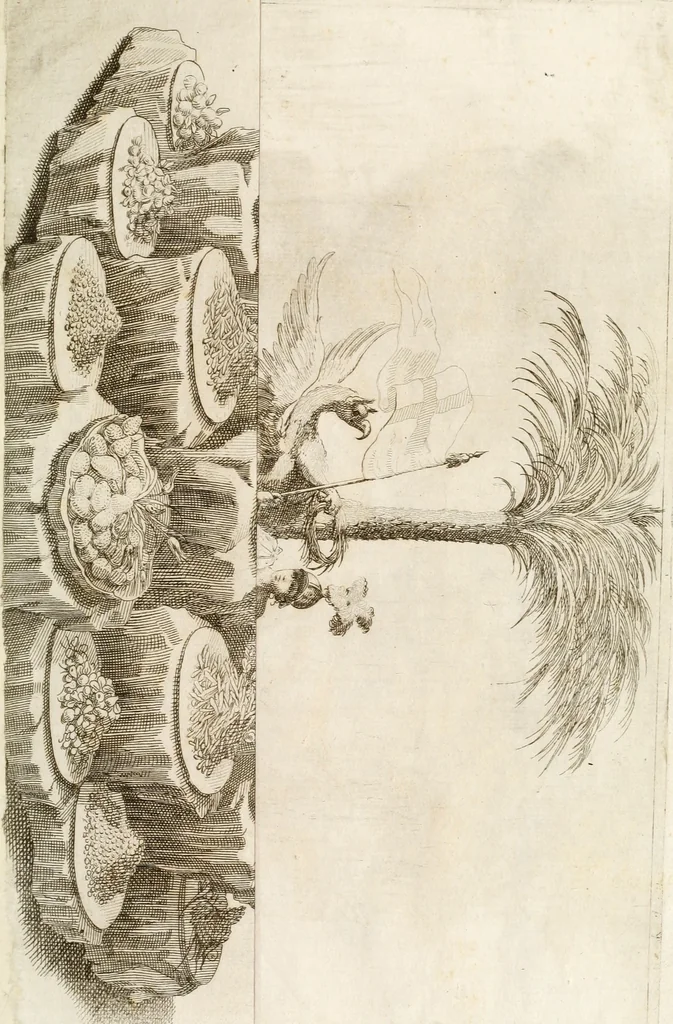 An illustration from La cvstodia d'oro : godvta nel vigilantissimo confalonierato dell'illvstrissimo signor senatore Francesco Ratta, e simboleggiata nel dilvisontvos.mo convito fatto all' ill.mo publico & ecc.si sig.ri anziani il primo bimestre dell'anno 1693, 1693, leaf 8