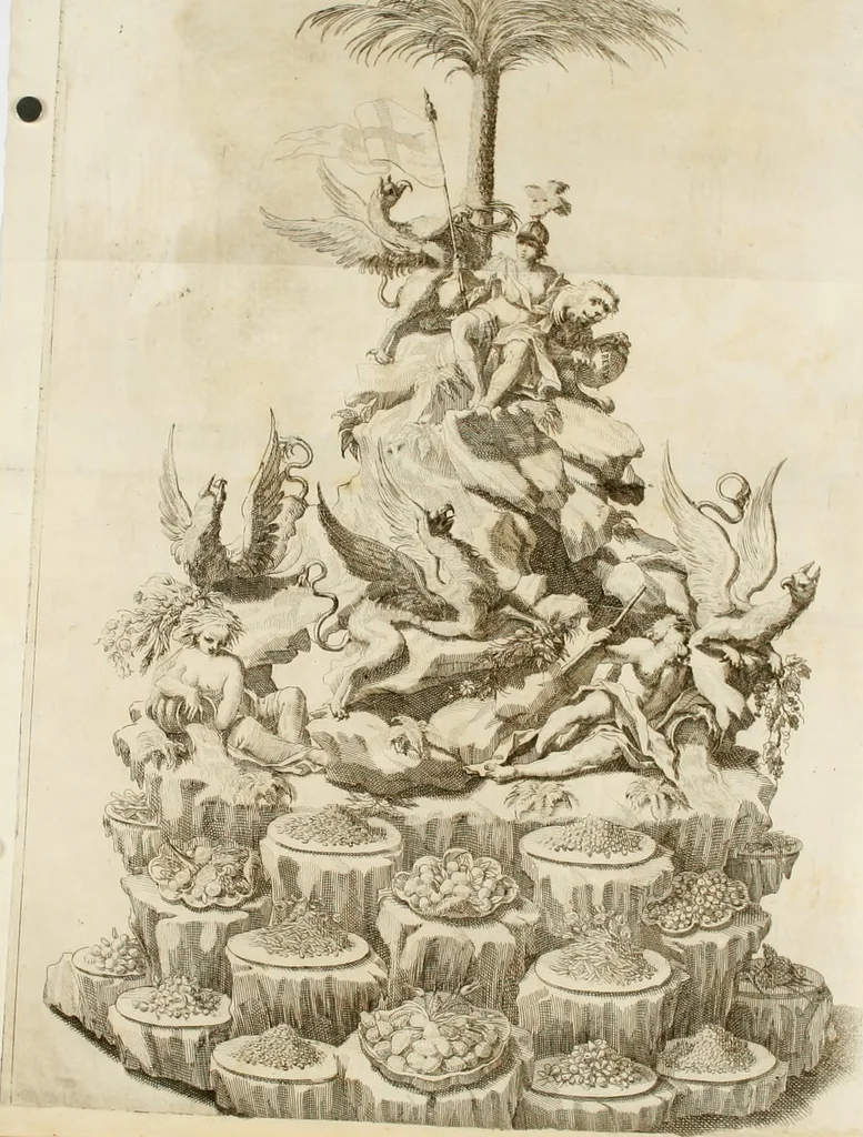 An illustration from La cvstodia d'oro : godvta nel vigilantissimo confalonierato dell'illvstrissimo signor senatore Francesco Ratta, e simboleggiata nel dilvisontvos.mo convito fatto all' ill.mo publico & ecc.si sig.ri anziani il primo bimestre dell'anno 1693, 1693, leaf 9
