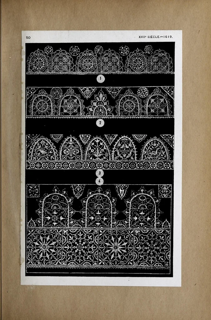 An illustration from La dentelle : transformations progressives, XVIe et XVIIe siècles : cinq cents reproductions documentaires (Allemagne, France et Italie.) Aubes, berthes, bordures, carrés, collerettes, feuillages, fraises, gorferins, manchettes, mouchoirs, pertuis, etc, 1908, leaf 111