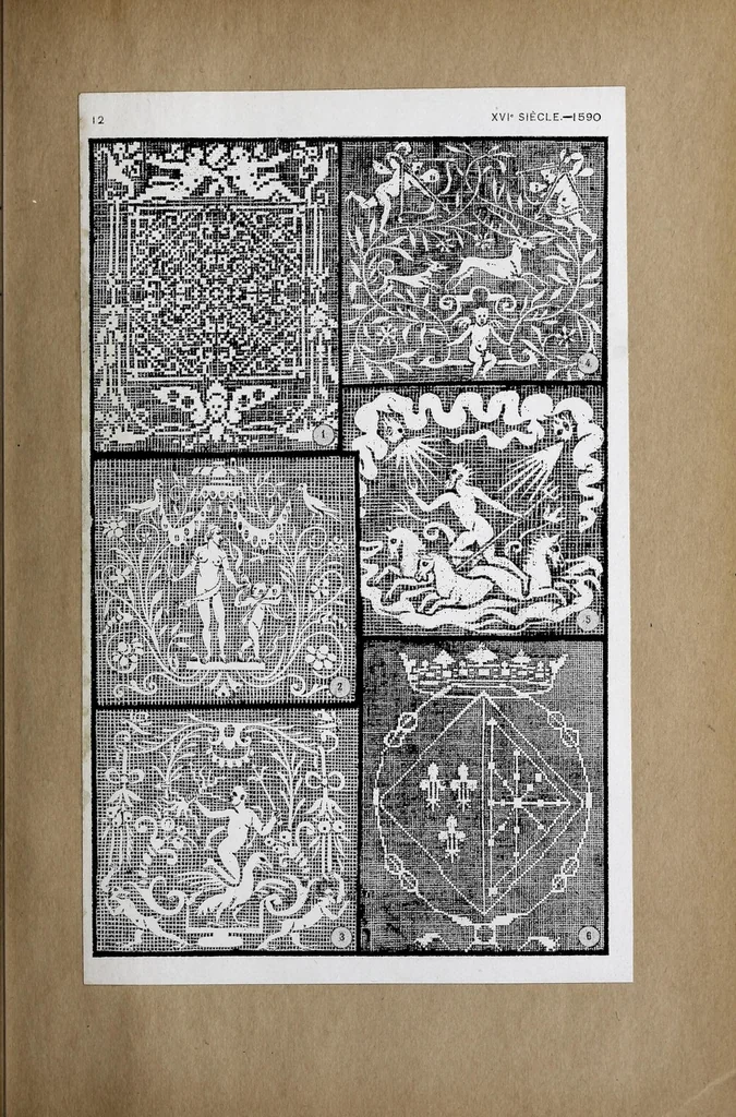 An illustration from La dentelle : transformations progressives, XVIe et XVIIe siècles : cinq cents reproductions documentaires (Allemagne, France et Italie.) Aubes, berthes, bordures, carrés, collerettes, feuillages, fraises, gorferins, manchettes, mouchoirs, pertuis, etc, 1908, leaf 35