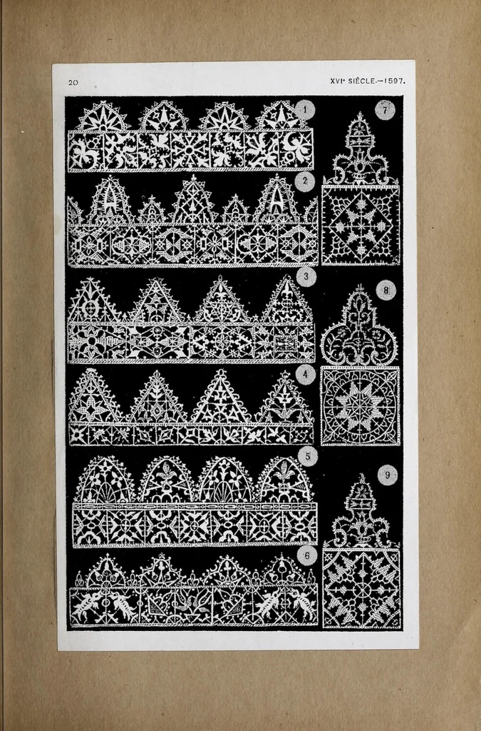 An illustration from La dentelle : transformations progressives, XVIe et XVIIe siècles : cinq cents reproductions documentaires (Allemagne, France et Italie.) Aubes, berthes, bordures, carrés, collerettes, feuillages, fraises, gorferins, manchettes, mouchoirs, pertuis, etc, 1908, leaf 51