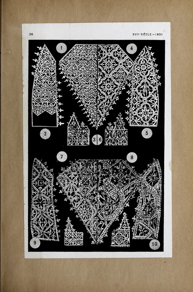 An illustration from La dentelle : transformations progressives, XVIe et XVIIe siècles : cinq cents reproductions documentaires (Allemagne, France et Italie.) Aubes, berthes, bordures, carrés, collerettes, feuillages, fraises, gorferins, manchettes, mouchoirs, pertuis, etc, 1908, leaf 67