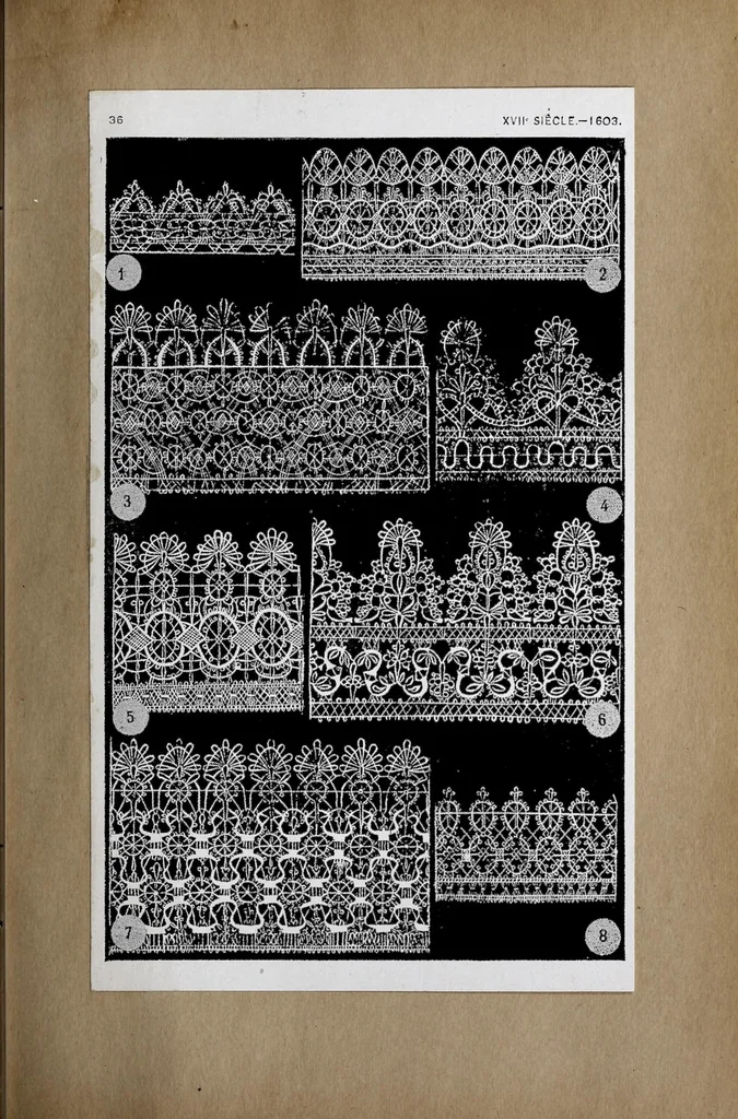 An illustration from La dentelle : transformations progressives, XVIe et XVIIe siècles : cinq cents reproductions documentaires (Allemagne, France et Italie.) Aubes, berthes, bordures, carrés, collerettes, feuillages, fraises, gorferins, manchettes, mouchoirs, pertuis, etc, 1908, leaf 83