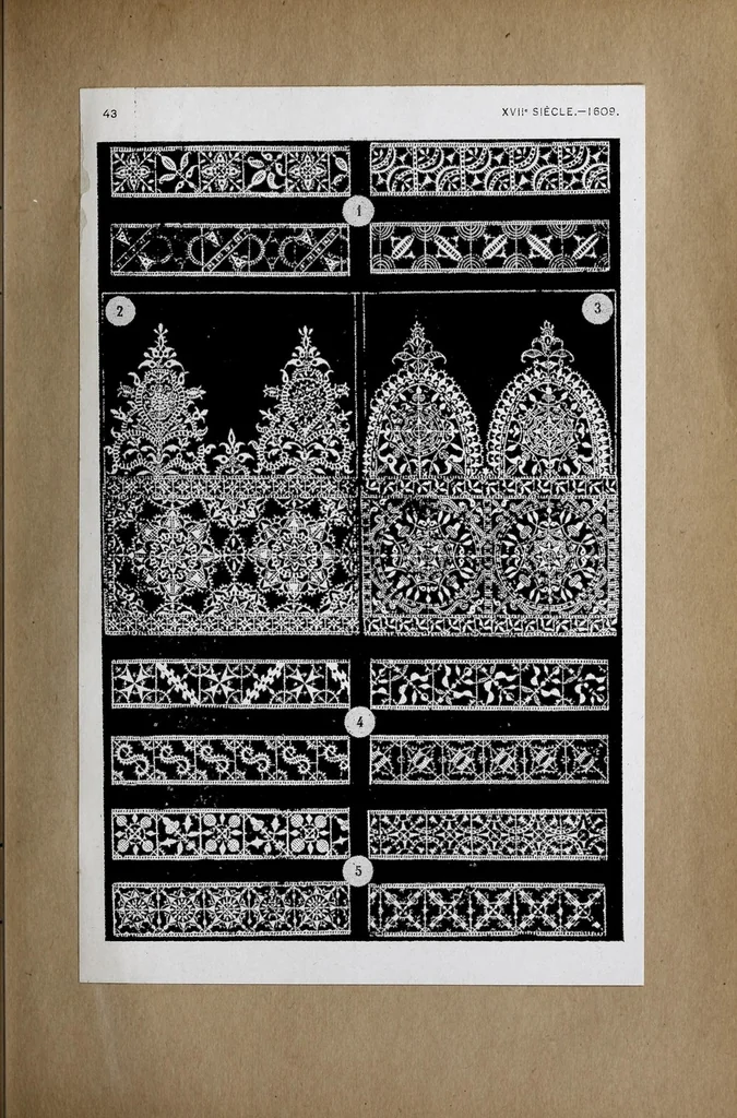 An illustration from La dentelle : transformations progressives, XVIe et XVIIe siècles : cinq cents reproductions documentaires (Allemagne, France et Italie.) Aubes, berthes, bordures, carrés, collerettes, feuillages, fraises, gorferins, manchettes, mouchoirs, pertuis, etc, 1908, leaf 97