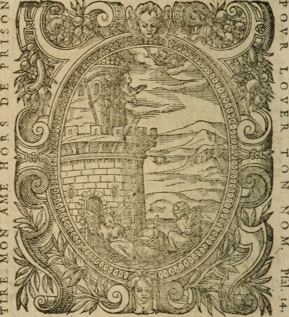 An illustration from L'adiev de l'ame devote laissant le corps : auec les moyens de combatre la mort par la mort, & l'appareil pour heureusement se partir de ceste vie mortelle, 1597, leaf 27
