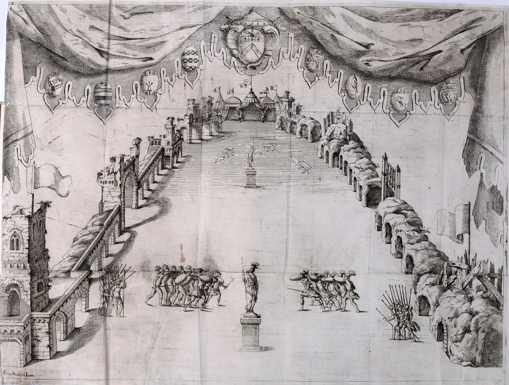 An illustration from La distruttione d'Alba : rappresentata in Bologna da gl'illustrissimi signori confaloniere di giustitia, et anziani, del quarto bimestere MDCLXXIII. in occasione della festa della porchetta, et à medesimi signori dedicata, 1673, leaf 17