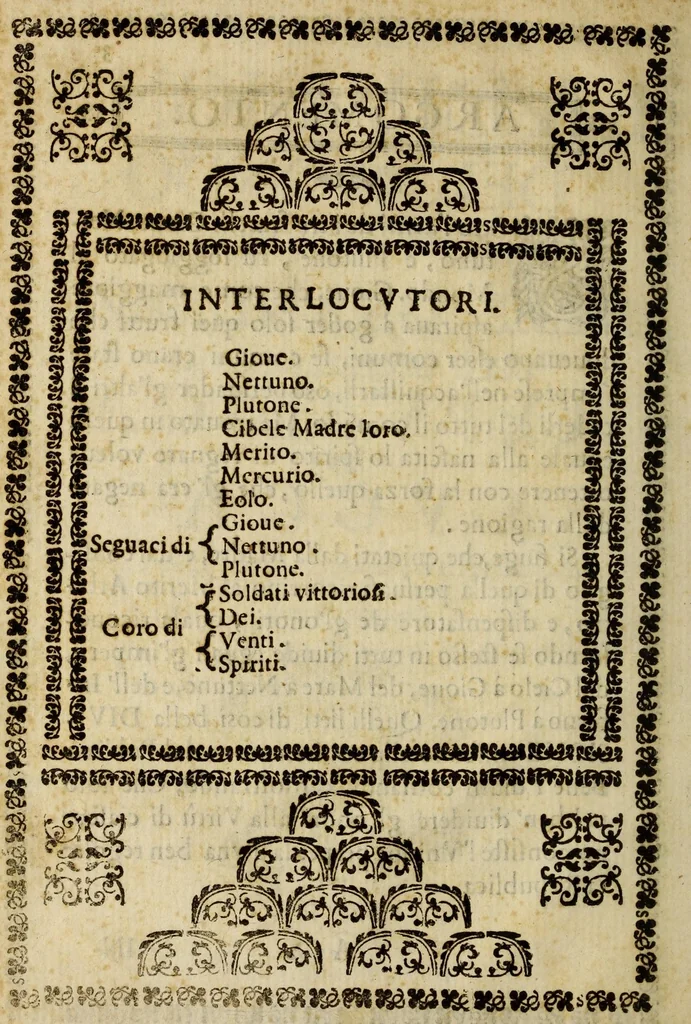An illustration from La divisione del mondo; applavsi mvsicali alle grandezze dell' eccellentissima repvblica di Lvcca, rappresentati per la sua celebre funzione delle Tasche, l'anno M.DC.LXXXI., 1681, leaf 8