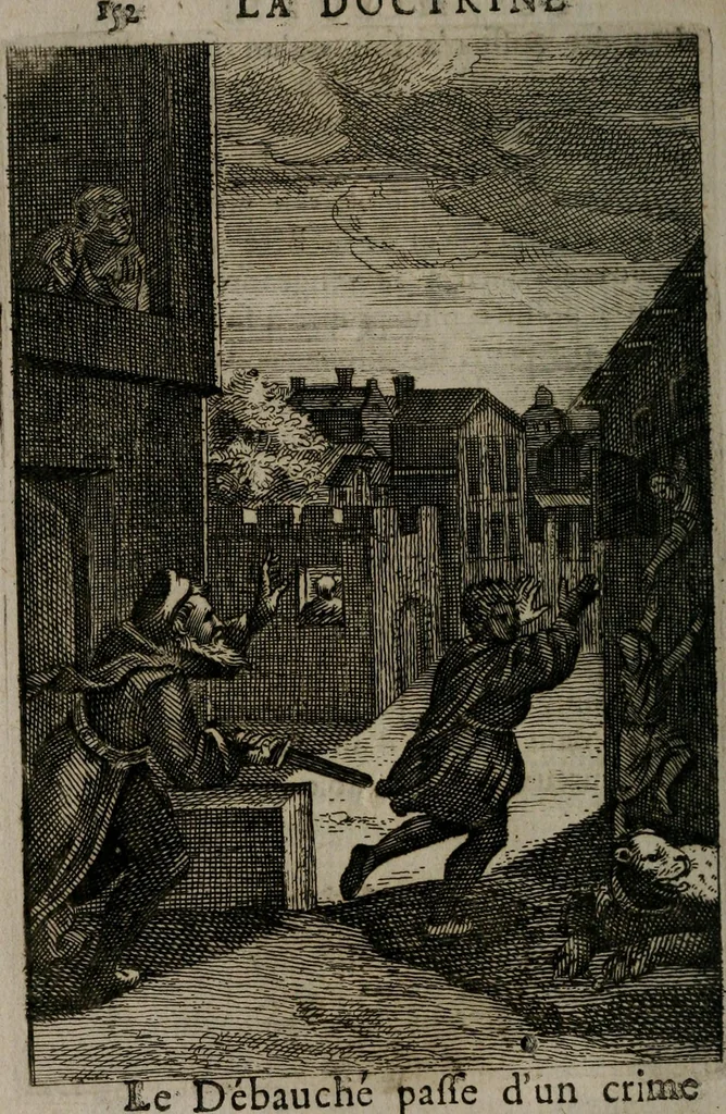 An illustration from La doctrine des moeurs : qui represente en cent tableaux la différence des passions, et enseigne la manière de parvenir à la sagesse universelle, 1688, leaf 171