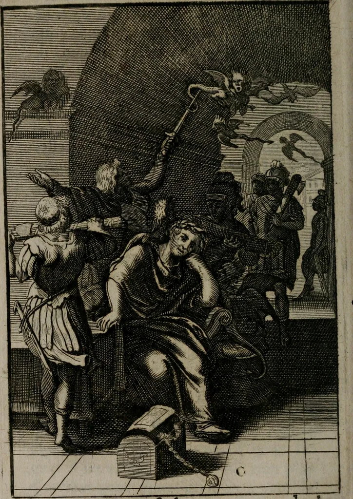 An illustration from La doctrine des moeurs : qui represente en cent tableaux la différence des passions, et enseigne la manière de parvenir à la sagesse universelle, 1688, leaf 183