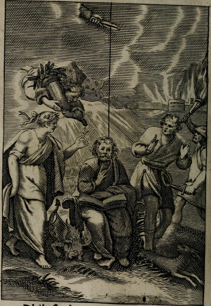 An illustration from La doctrine des moeurs : qui represente en cent tableaux la différence des passions, et enseigne la manière de parvenir à la sagesse universelle, 1688, leaf 377