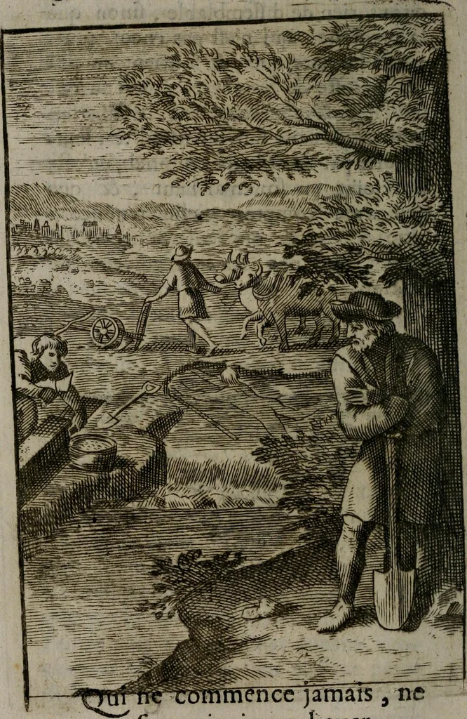 An illustration from La doctrine des moeurs : qui represente en cent tableaux la différence des passions, et enseigne la manière de parvenir à la sagesse universelle, 1688, leaf 43