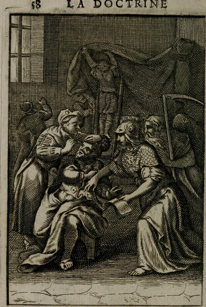 An illustration from La doctrine des moeurs : qui represente en cent tableaux la différence des passions, et enseigne la manière de parvenir à la sagesse universelle, 1688, leaf 75