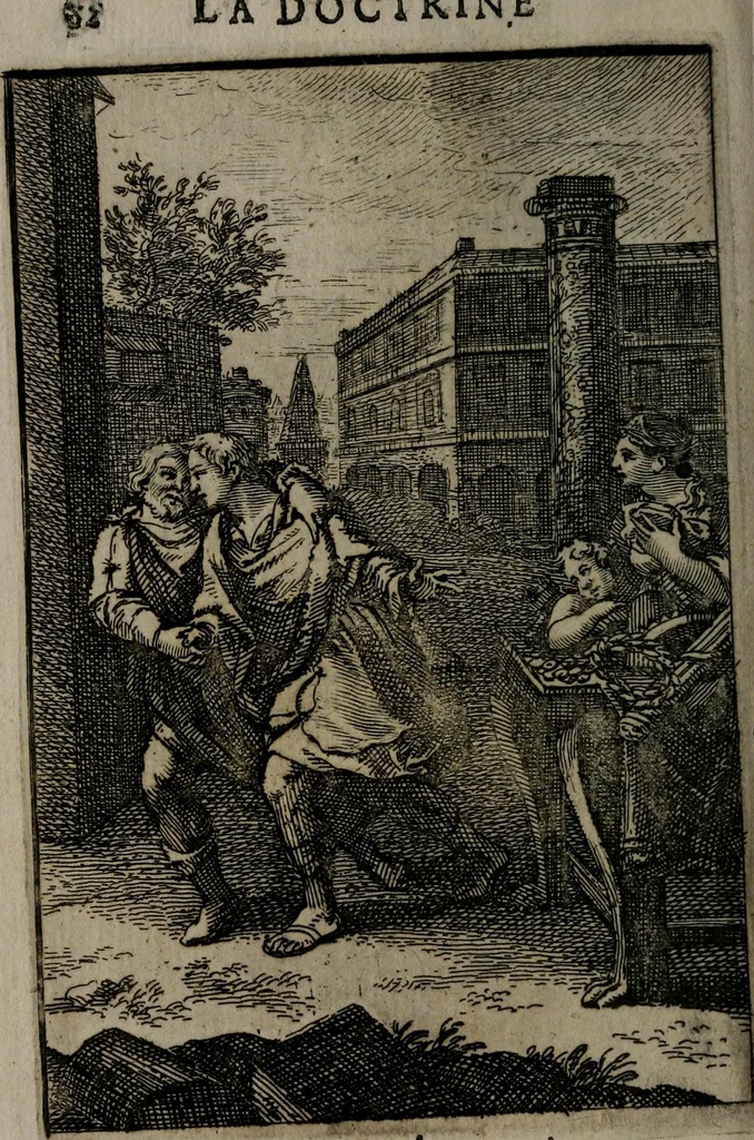 An illustration from La doctrine des moeurs : qui represente en cent tableaux la différence des passions, et enseigne la manière de parvenir à la sagesse universelle, 1688, leaf 99