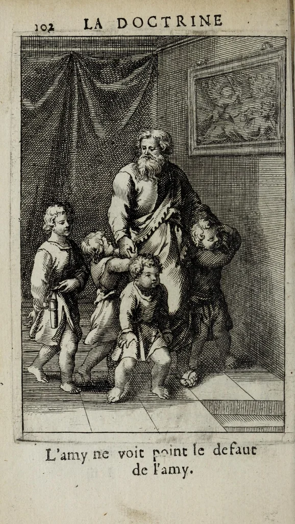 An illustration from La doctrine des moeurs : ou sont representés en cent tableaux la difference des passions, qui enseignent la maniere de parvenir a la sagesse universelle, 1682, leaf 122