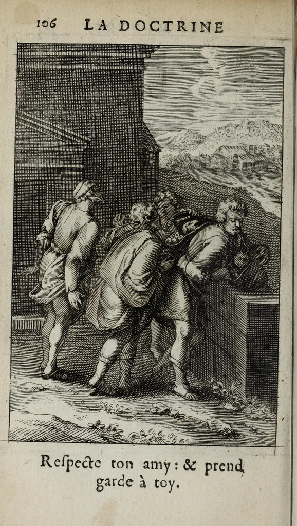 An illustration from La doctrine des moeurs : ou sont representés en cent tableaux la difference des passions, qui enseignent la maniere de parvenir a la sagesse universelle, 1682, leaf 126
