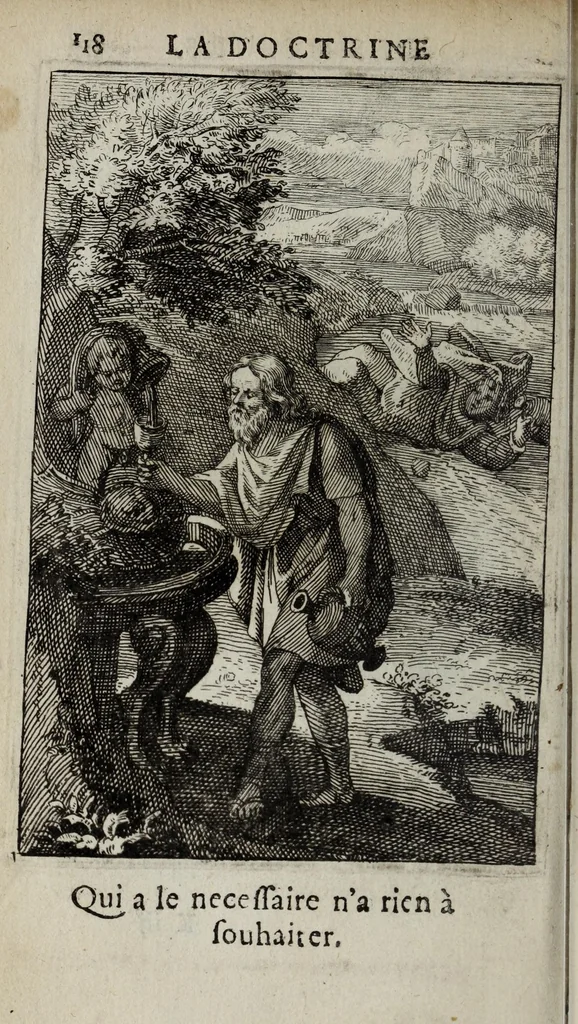 An illustration from La doctrine des moeurs : ou sont representés en cent tableaux la difference des passions, qui enseignent la maniere de parvenir a la sagesse universelle, 1682, leaf 138