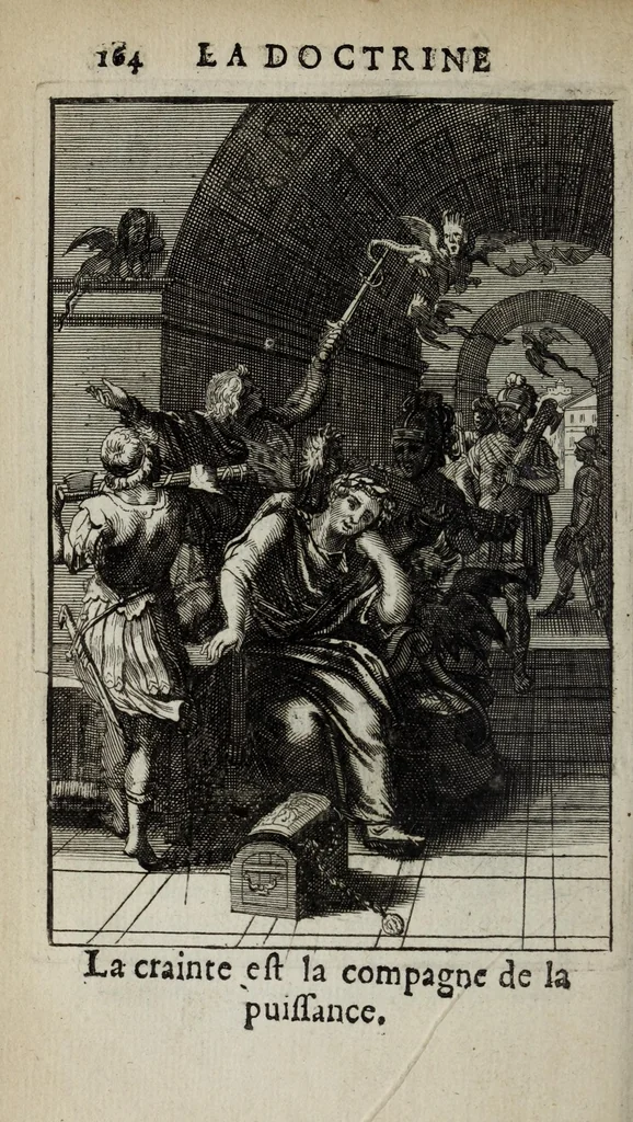 An illustration from La doctrine des moeurs : ou sont representés en cent tableaux la difference des passions, qui enseignent la maniere de parvenir a la sagesse universelle, 1682, leaf 186