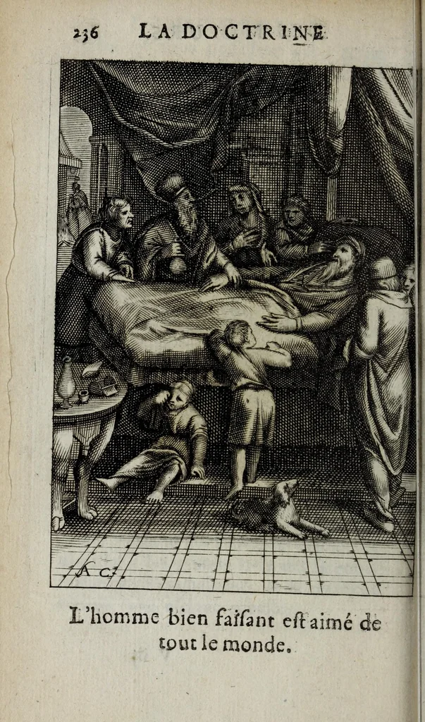 An illustration from La doctrine des moeurs : ou sont representés en cent tableaux la difference des passions, qui enseignent la maniere de parvenir a la sagesse universelle, 1682, leaf 258