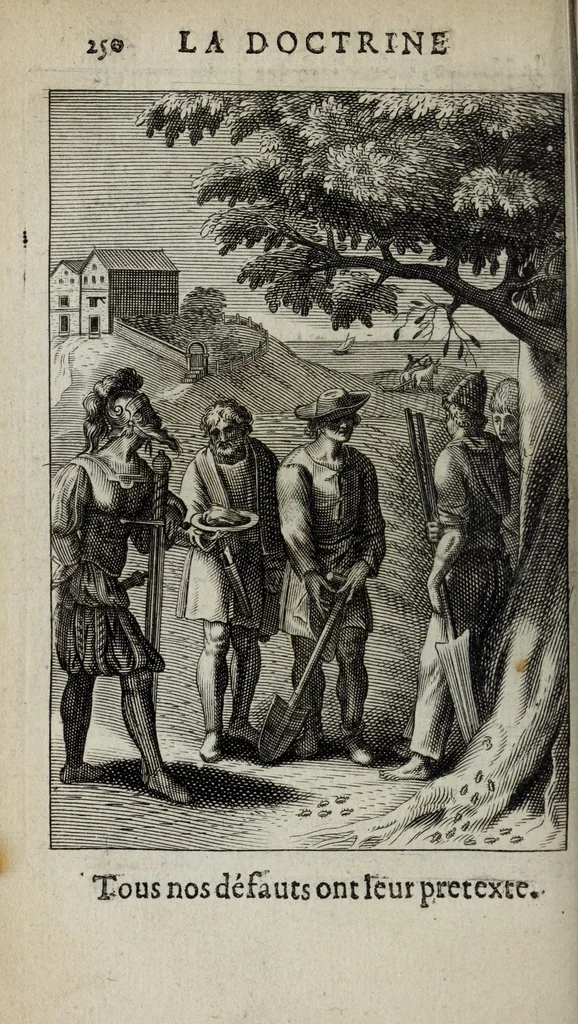 An illustration from La doctrine des moeurs : ou sont representés en cent tableaux la difference des passions, qui enseignent la maniere de parvenir a la sagesse universelle, 1682, leaf 272