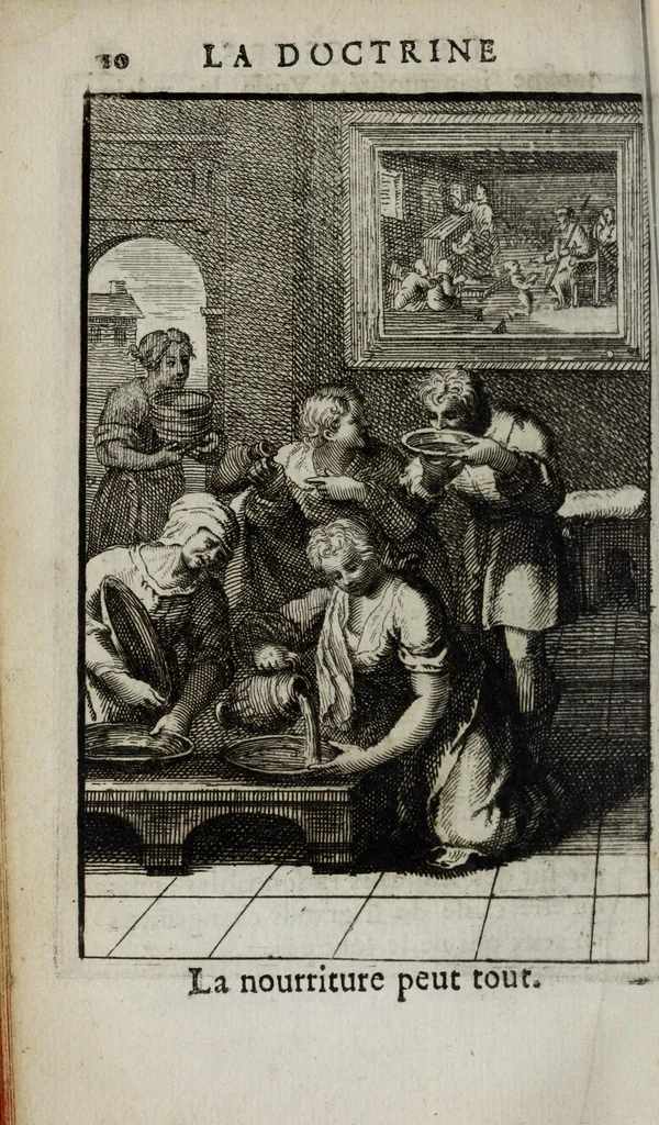 An illustration from La doctrine des moeurs : ou sont representés en cent tableaux la difference des passions, qui enseignent la maniere de parvenir a la sagesse universelle, 1682, leaf 30