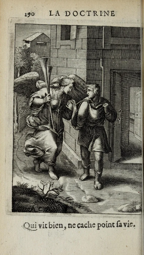 An illustration from La doctrine des moeurs : ou sont representés en cent tableaux la difference des passions, qui enseignent la maniere de parvenir a la sagesse universelle, 1682, leaf 312