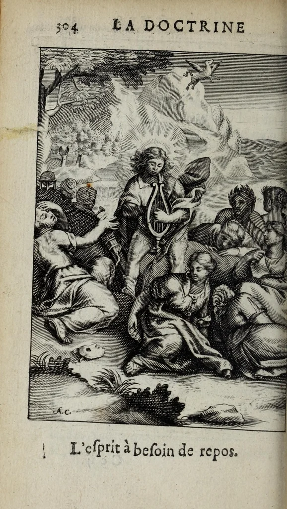 An illustration from La doctrine des moeurs : ou sont representés en cent tableaux la difference des passions, qui enseignent la maniere de parvenir a la sagesse universelle, 1682, leaf 328