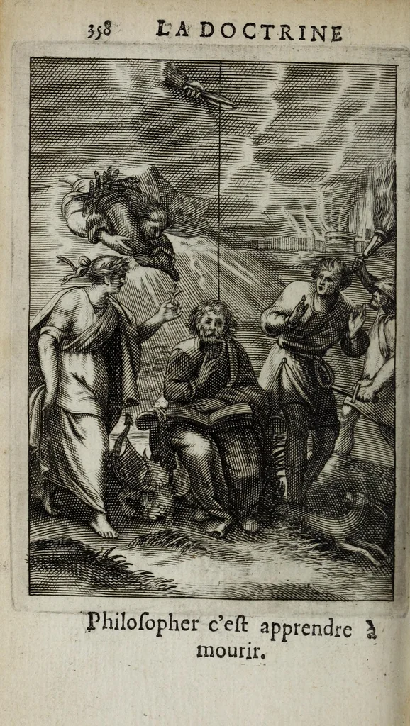 An illustration from La doctrine des moeurs : ou sont representés en cent tableaux la difference des passions, qui enseignent la maniere de parvenir a la sagesse universelle, 1682, leaf 380