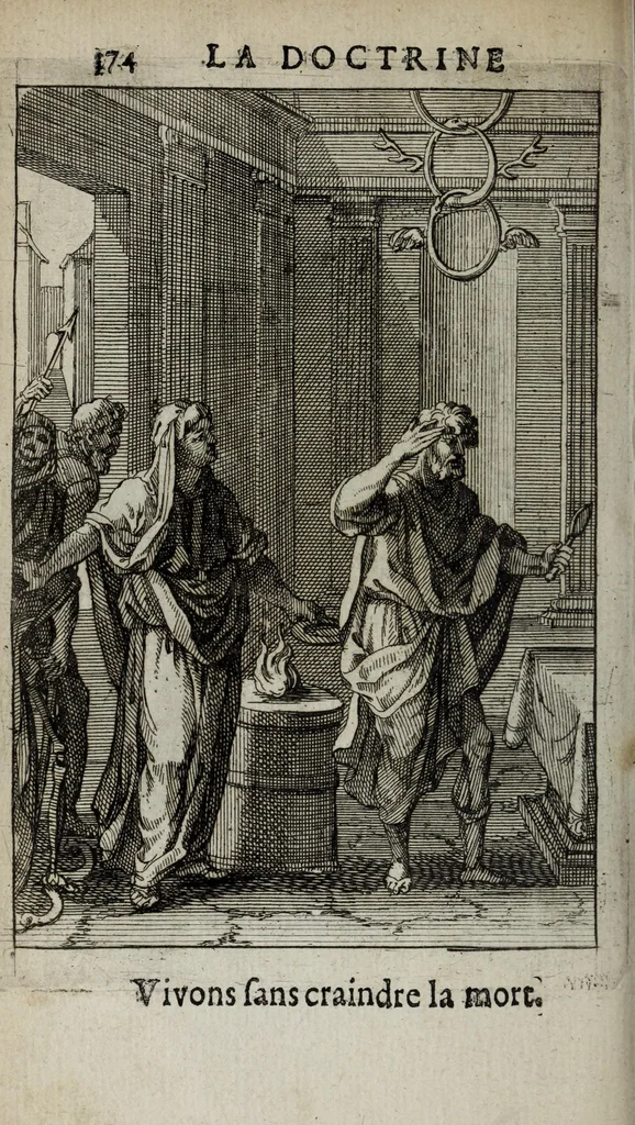 An illustration from La doctrine des moeurs : ou sont representés en cent tableaux la difference des passions, qui enseignent la maniere de parvenir a la sagesse universelle, 1682, leaf 396