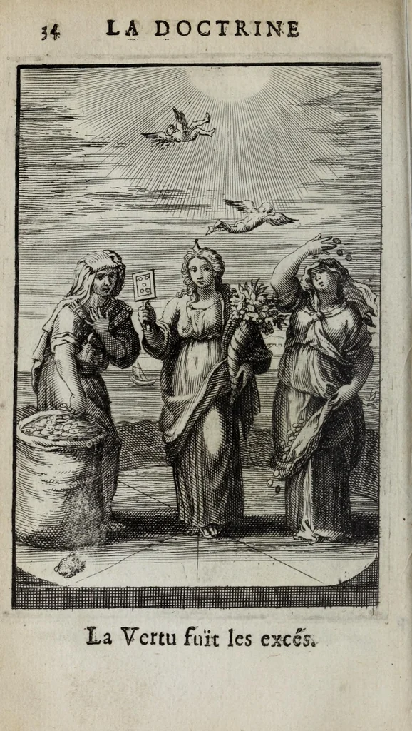 An illustration from La doctrine des moeurs : ou sont representés en cent tableaux la difference des passions, qui enseignent la maniere de parvenir a la sagesse universelle, 1682, leaf 54