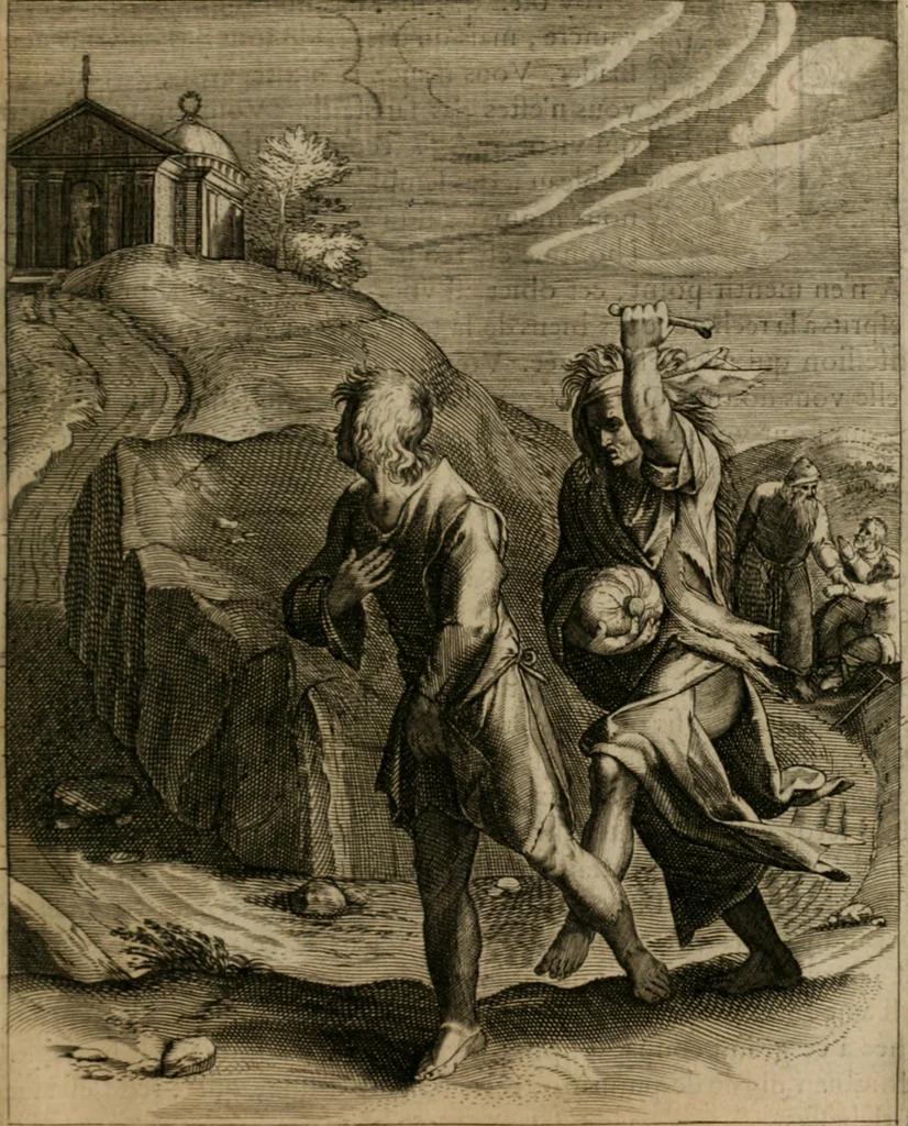 An illustration from La doctrine des moeurs : tiree de la philosophie des stoiques: representee en cent tableaux. Et expliquee en cent discours pour l'instruction de la ieunesse. Au Roy, 1646, leaf 104