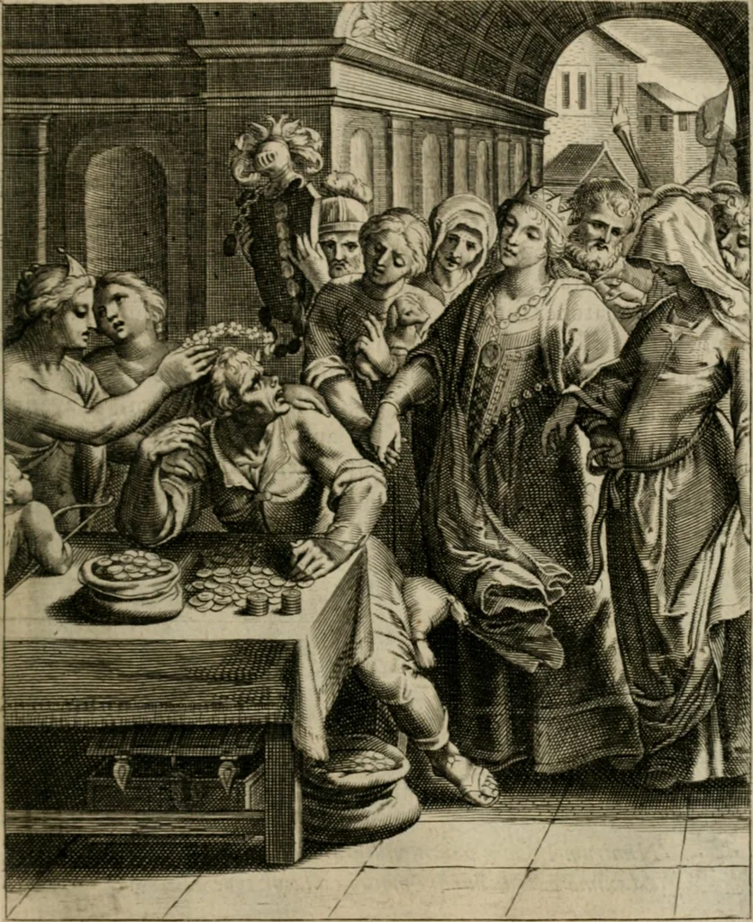 An illustration from La doctrine des moeurs : tiree de la philosophie des stoiques: representee en cent tableaux. Et expliquee en cent discours pour l'instruction de la ieunesse. Au Roy, 1646, leaf 110