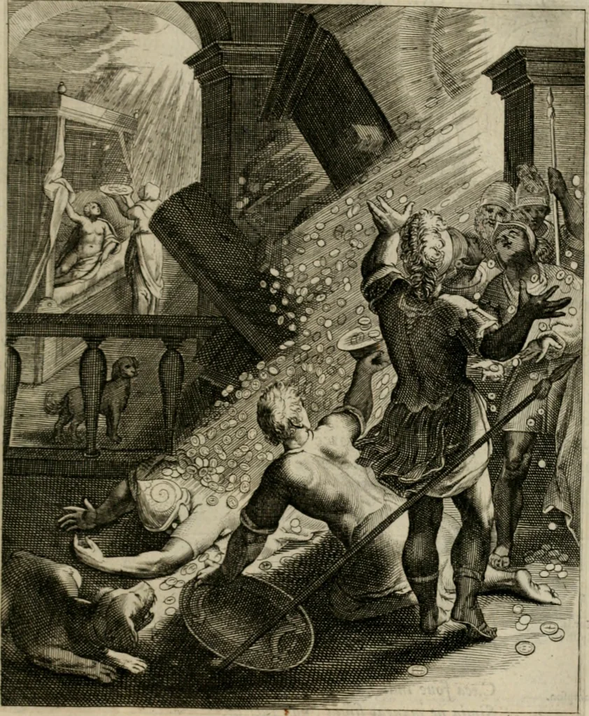 An illustration from La doctrine des moeurs : tiree de la philosophie des stoiques: representee en cent tableaux. Et expliquee en cent discours pour l'instruction de la ieunesse. Au Roy, 1646, leaf 114