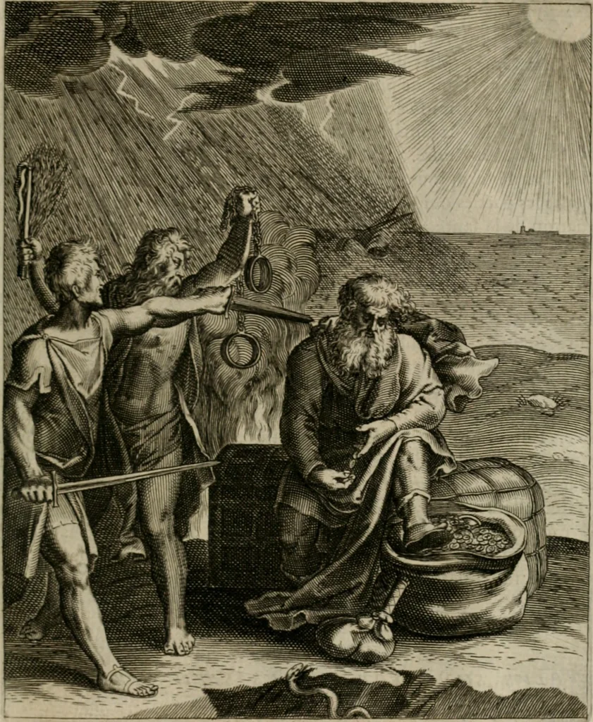 An illustration from La doctrine des moeurs : tiree de la philosophie des stoiques: representee en cent tableaux. Et expliquee en cent discours pour l'instruction de la ieunesse. Au Roy, 1646, leaf 122