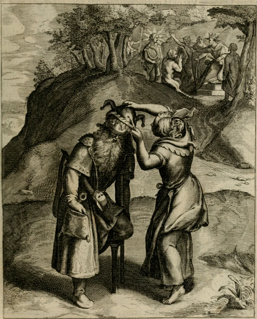 An illustration from La doctrine des moeurs : tiree de la philosophie des stoiques: representee en cent tableaux. Et expliquee en cent discours pour l'instruction de la ieunesse. Au Roy, 1646, leaf 128