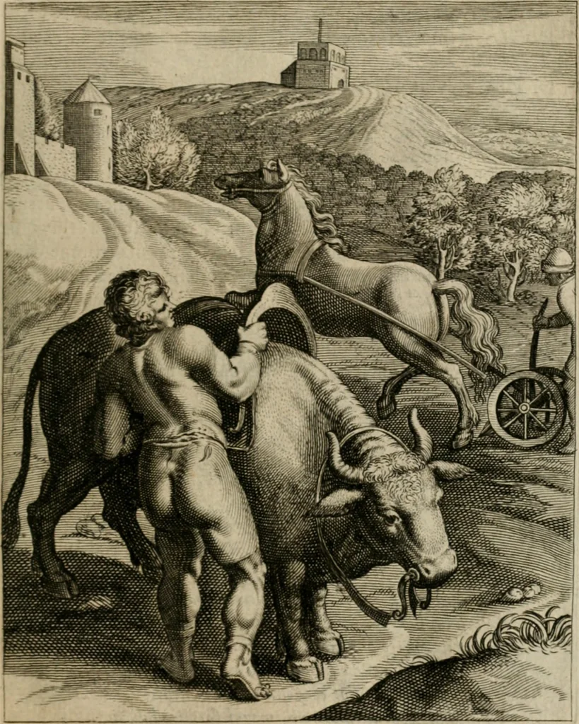 An illustration from La doctrine des moeurs : tiree de la philosophie des stoiques: representee en cent tableaux. Et expliquee en cent discours pour l'instruction de la ieunesse. Au Roy, 1646, leaf 144