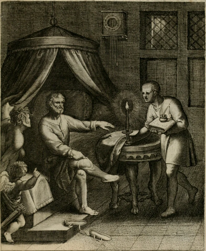 An illustration from La doctrine des moeurs : tiree de la philosophie des stoiques: representee en cent tableaux. Et expliquee en cent discours pour l'instruction de la ieunesse. Au Roy, 1646, leaf 152