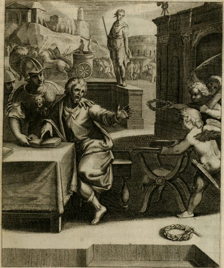An illustration from La doctrine des moeurs : tiree de la philosophie des stoiques: representee en cent tableaux. Et expliquee en cent discours pour l'instruction de la ieunesse. Au Roy, 1646, leaf 154