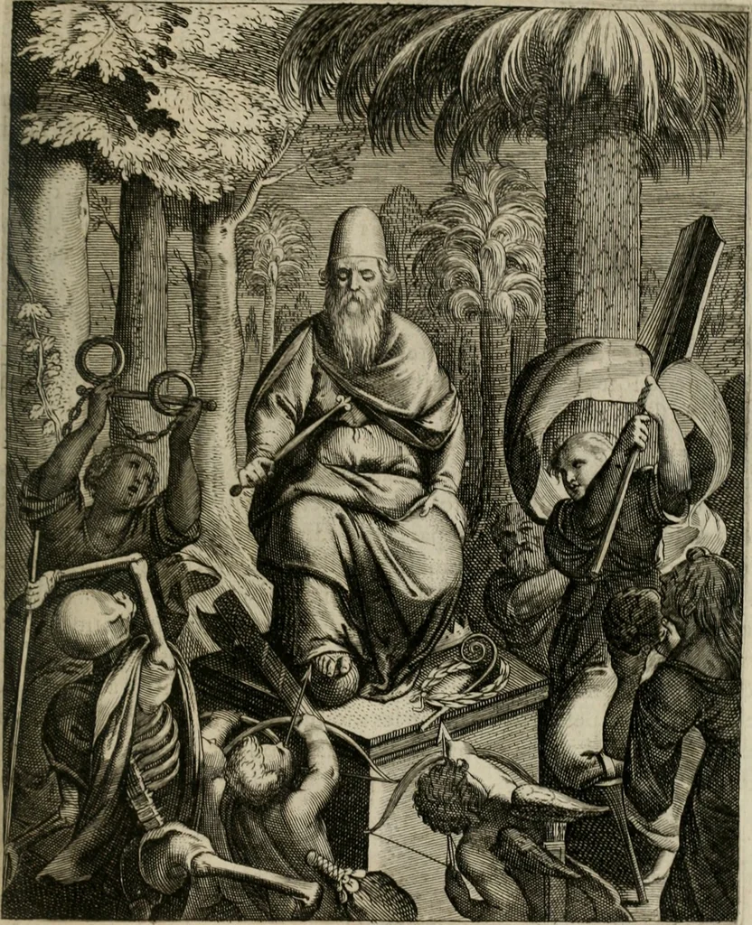 An illustration from La doctrine des moeurs : tiree de la philosophie des stoiques: representee en cent tableaux. Et expliquee en cent discours pour l'instruction de la ieunesse. Au Roy, 1646, leaf 156