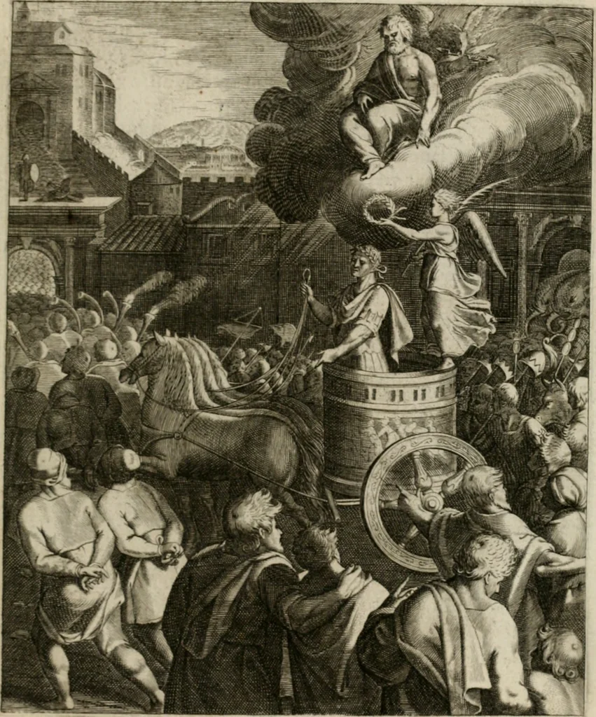 An illustration from La doctrine des moeurs : tiree de la philosophie des stoiques: representee en cent tableaux. Et expliquee en cent discours pour l'instruction de la ieunesse. Au Roy, 1646, leaf 168