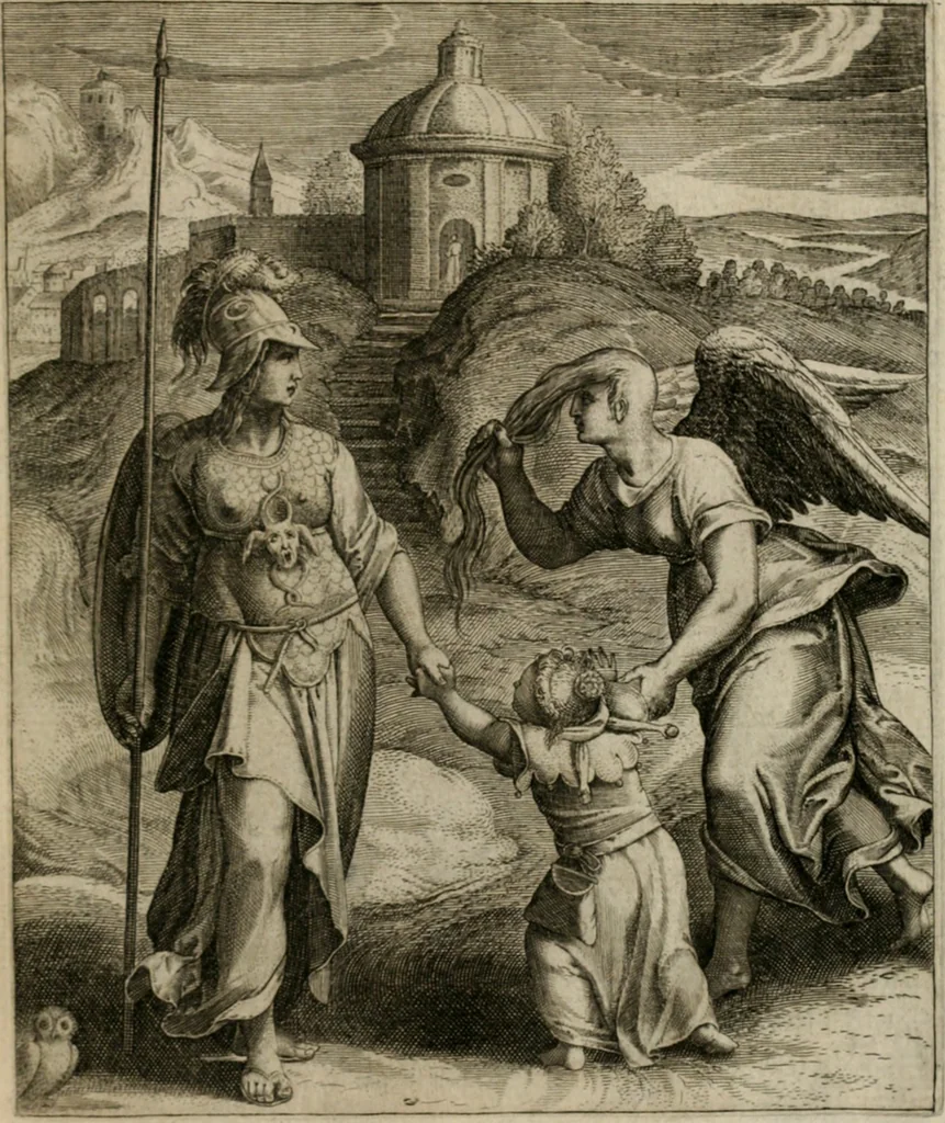 An illustration from La doctrine des moeurs : tiree de la philosophie des stoiques: representee en cent tableaux. Et expliquee en cent discours pour l'instruction de la ieunesse. Au Roy, 1646, leaf 176