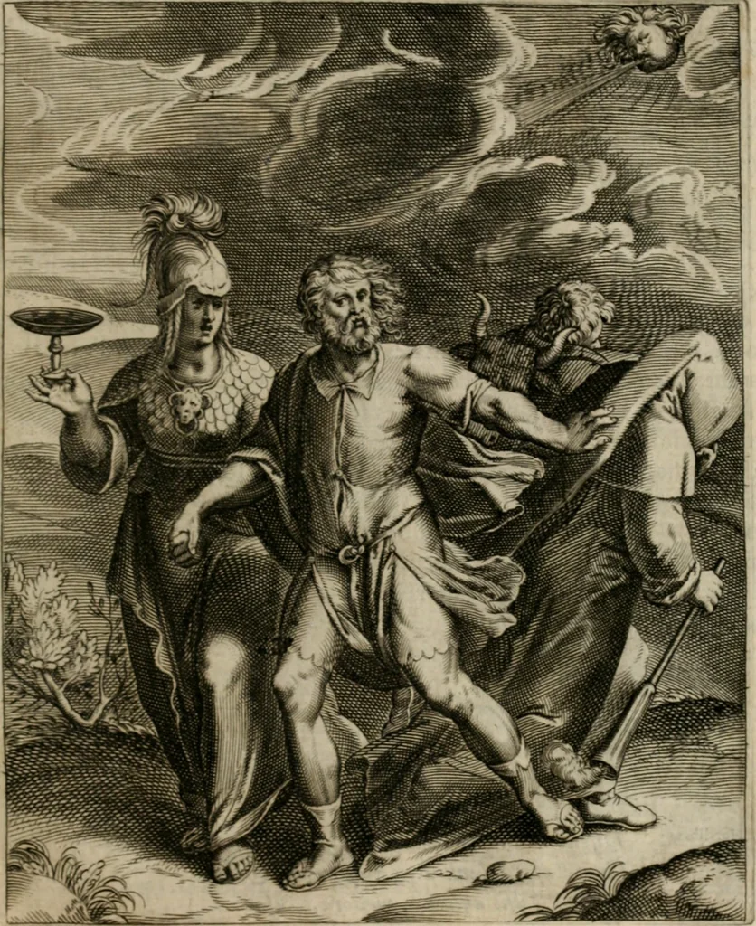 An illustration from La doctrine des moeurs : tiree de la philosophie des stoiques: representee en cent tableaux. Et expliquee en cent discours pour l'instruction de la ieunesse. Au Roy, 1646, leaf 178
