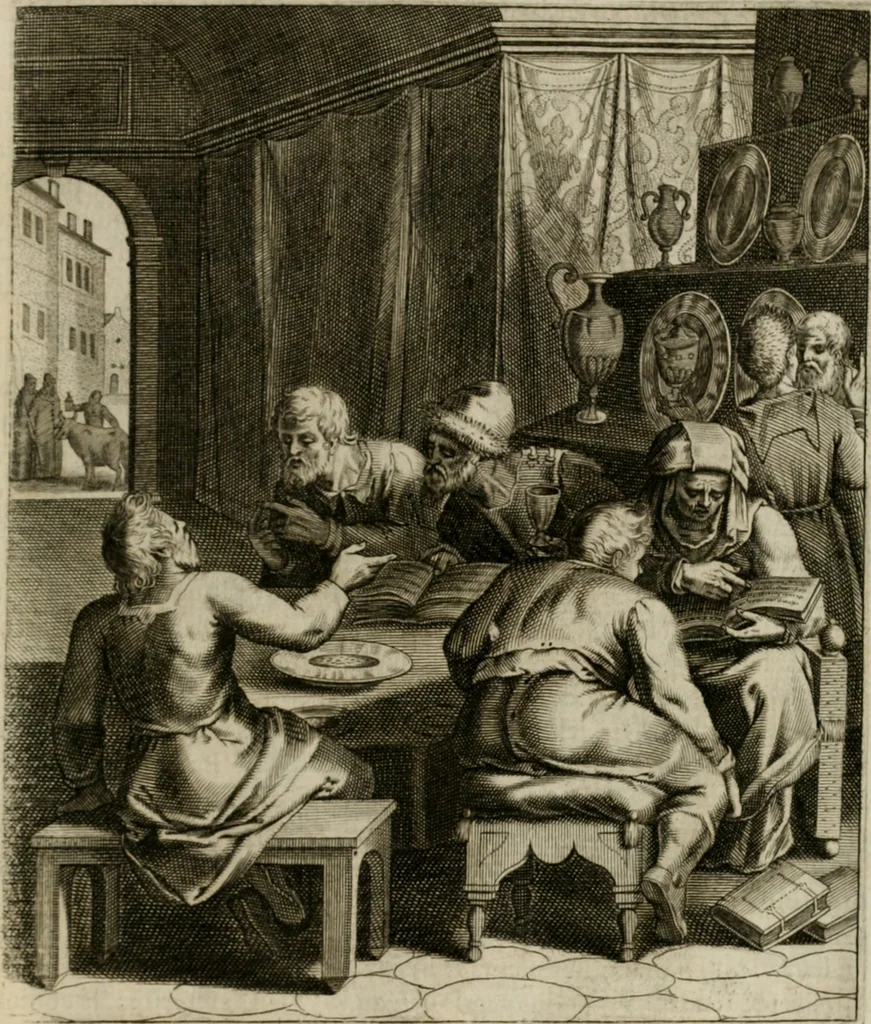 An illustration from La doctrine des moeurs : tiree de la philosophie des stoiques: representee en cent tableaux. Et expliquee en cent discours pour l'instruction de la ieunesse. Au Roy, 1646, leaf 180
