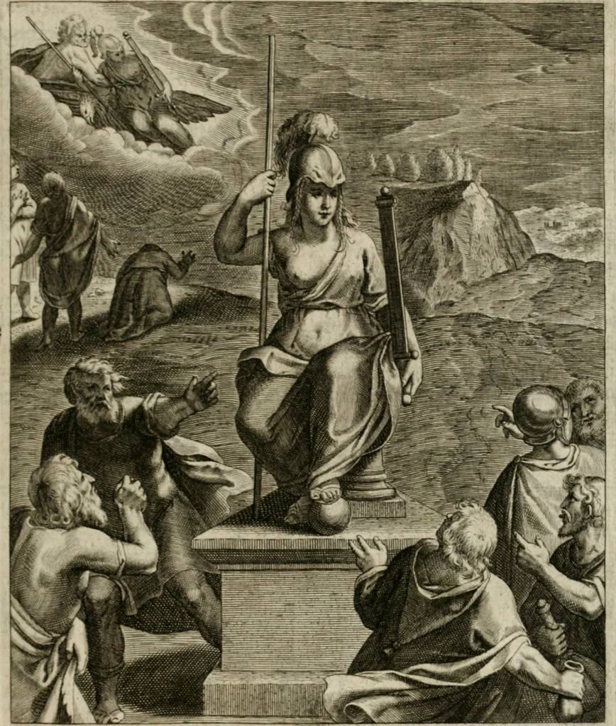 An illustration from La doctrine des moeurs : tiree de la philosophie des stoiques: representee en cent tableaux. Et expliquee en cent discours pour l'instruction de la ieunesse. Au Roy, 1646, leaf 182