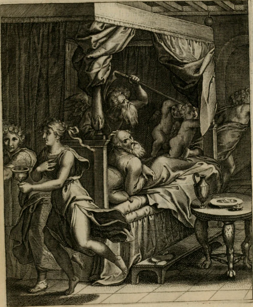 An illustration from La doctrine des moeurs : tiree de la philosophie des stoiques: representee en cent tableaux. Et expliquee en cent discours pour l'instruction de la ieunesse. Au Roy, 1646, leaf 194