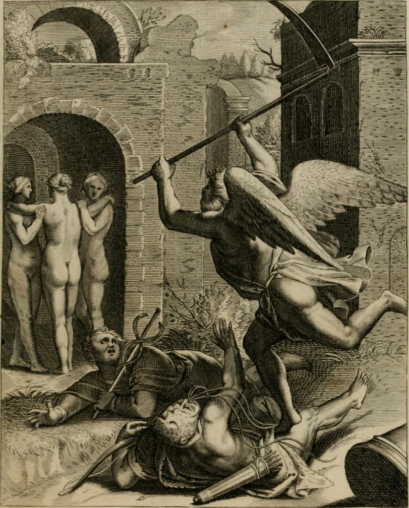 An illustration from La doctrine des moeurs : tiree de la philosophie des stoiques: representee en cent tableaux. Et expliquee en cent discours pour l'instruction de la ieunesse. Au Roy, 1646, leaf 196