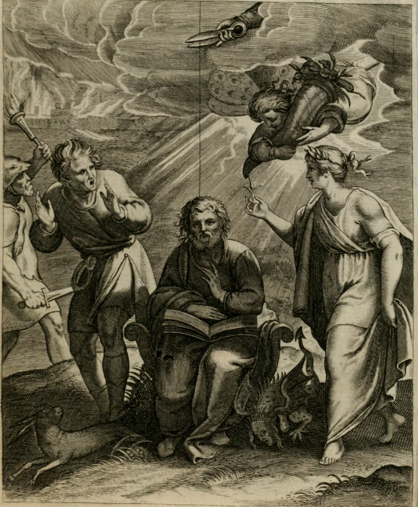 An illustration from La doctrine des moeurs : tiree de la philosophie des stoiques: representee en cent tableaux. Et expliquee en cent discours pour l'instruction de la ieunesse. Au Roy, 1646, leaf 198
